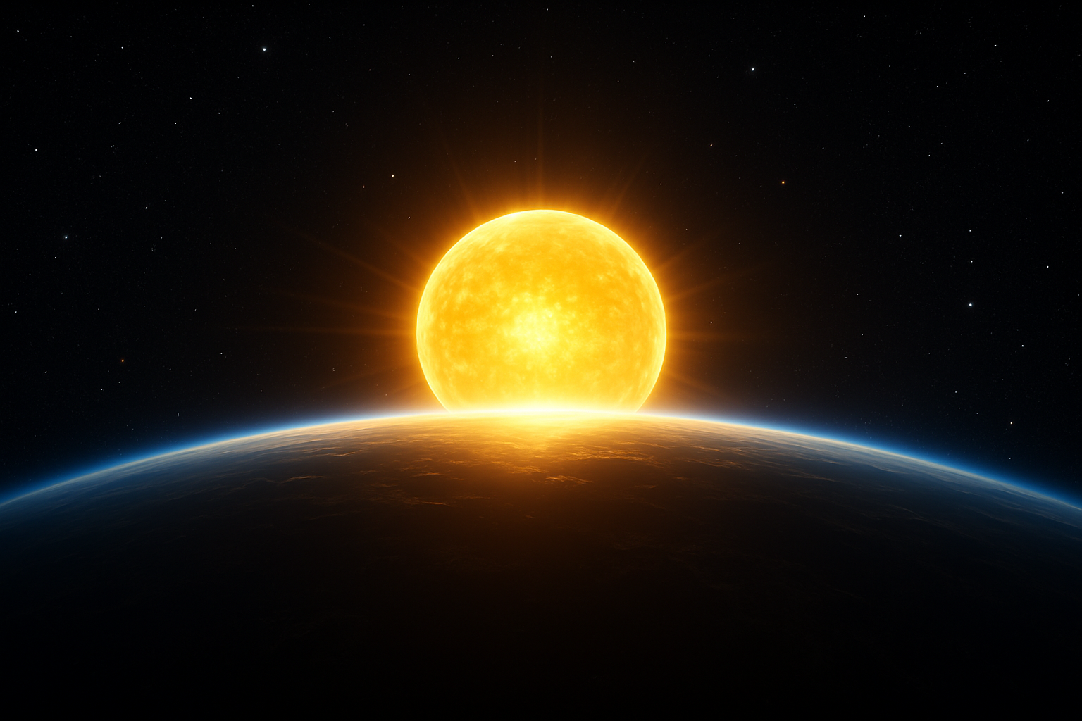 The sun in space with a earth pov and the sun on the horizon 